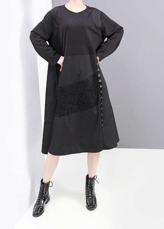 Women black patchwork cotton quilting dresses long sleeve Robe o neck Dresses - SooLinen