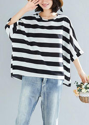 Women black striped chiffon dresses Fashion Sleeve Batwing Sleeve Art Summer tops - SooLinen