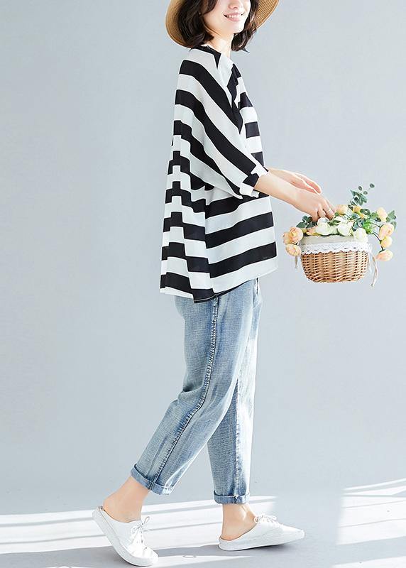 Women black striped chiffon dresses Fashion Sleeve Batwing Sleeve Art Summer tops - SooLinen