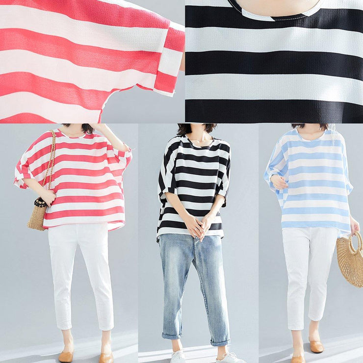 Women black striped chiffon dresses Fashion Sleeve Batwing Sleeve Art Summer tops - SooLinen