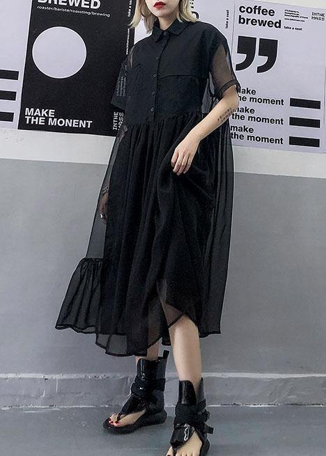 Women black tulle tunic top short sleeve Robe summer Dress - SooLinen