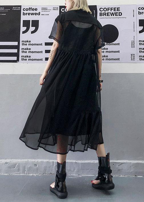 Women black tulle tunic top short sleeve Robe summer Dress - SooLinen