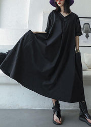 Women black v neck cotton Tunics big pockets Maxi summer Dresses - SooLinen