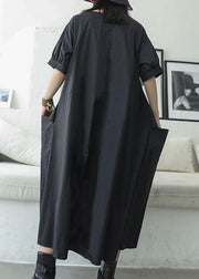 Women black v neck cotton Tunics big pockets Maxi summer Dresses - SooLinen