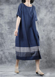 Women blue cotton clothes For Women patchwork long summer Dresses - SooLinen