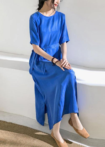 Women blue cotton tunics for women o neck tie waist A Line summer Dress - SooLinen