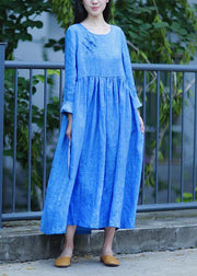 Women blue dresses o neck Cinched long fall Dresses - SooLinen