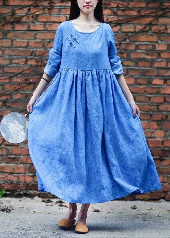 Women blue dresses o neck Cinched long fall Dresses - SooLinen