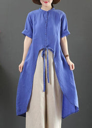 Women blue linen clothes stand collar asymmetric Knee blouses - SooLinen