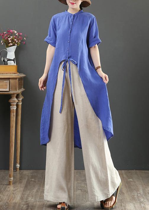 Women blue linen clothes stand collar asymmetric Knee blouses - SooLinen