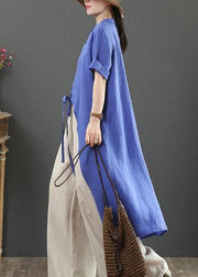 Women blue linen clothes stand collar asymmetric Knee blouses - SooLinen