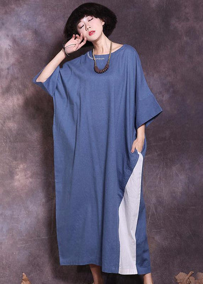 Women blue o neck cotton clothes half sleeve A Line summer Dresses - SooLinen