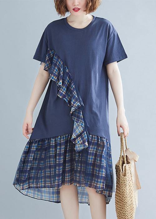 Women blue plaid Cotton tunic o neck patchwork tulle daily Dresses - SooLinen