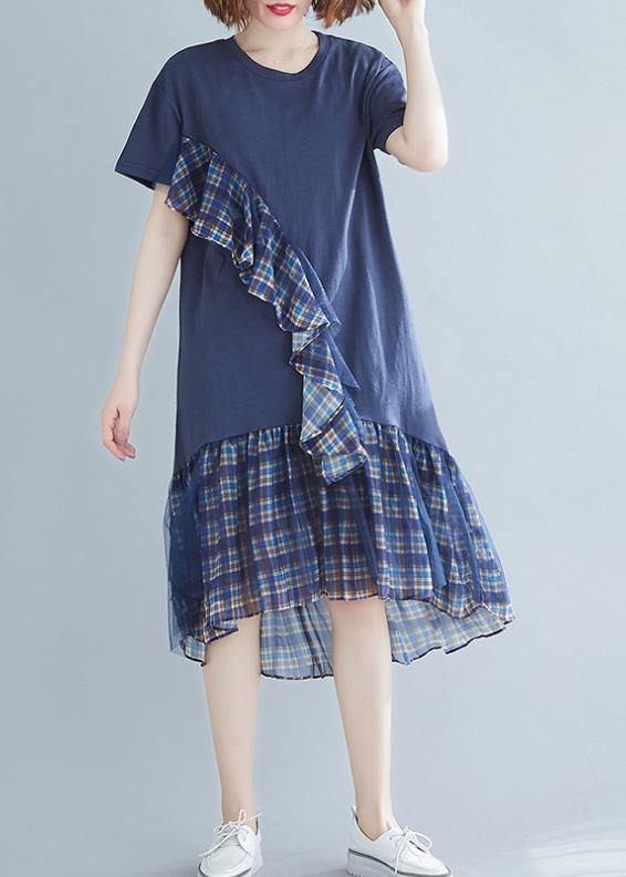 Women blue plaid Cotton tunic o neck patchwork tulle daily Dresses - SooLinen