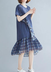 Women blue plaid Cotton tunic o neck patchwork tulle daily Dresses - SooLinen