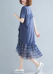 Women blue plaid Cotton tunic o neck patchwork tulle daily Dresses - SooLinen