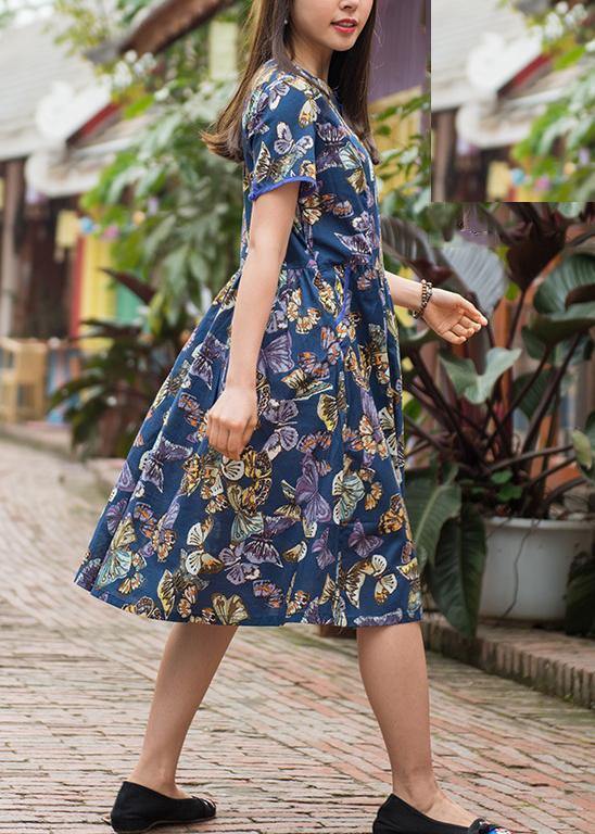 Women blue print cotton clothes o neck Cinched Plus Size Clothing summer Dress - SooLinen