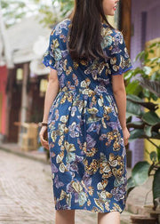 Women blue print cotton clothes o neck Cinched Plus Size Clothing summer Dress - SooLinen