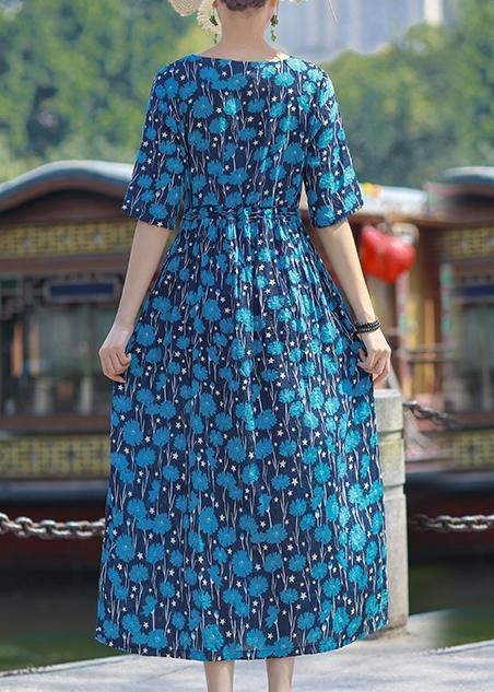 Women blue print cotton outfit o neck drawstring Plus Size summer Dress - SooLinen