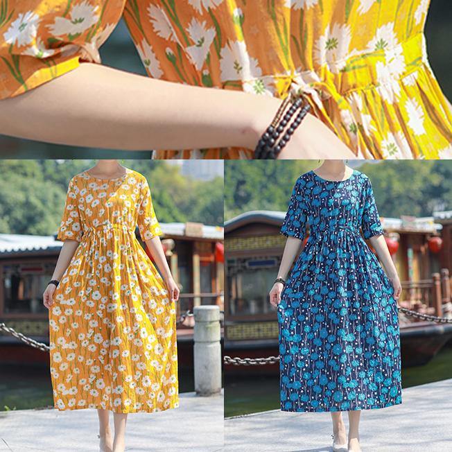 Women blue print cotton outfit o neck drawstring Plus Size summer Dress - SooLinen