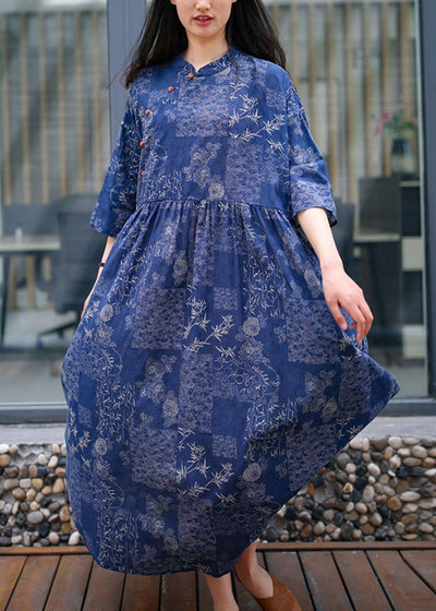 Women blue print cotton quilting clothes stand collar exra large hem Traveling summer Dress - SooLinen