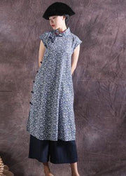 Women blue prints cotton dresses Chinese Button Traveling summer Dress - SooLinen