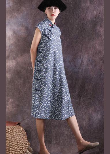 Women blue prints cotton dresses Chinese Button Traveling summer Dress - SooLinen