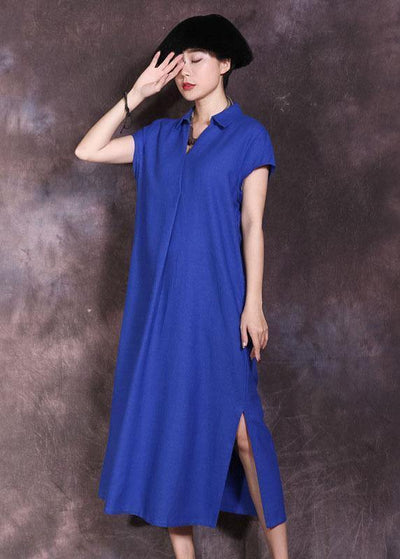 Women blue side open cotton linen dresses lapel collar summer Dresses - SooLinen