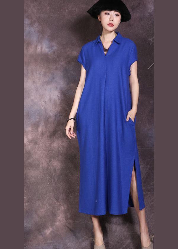 Women blue side open cotton linen dresses lapel collar summer Dresses - SooLinen