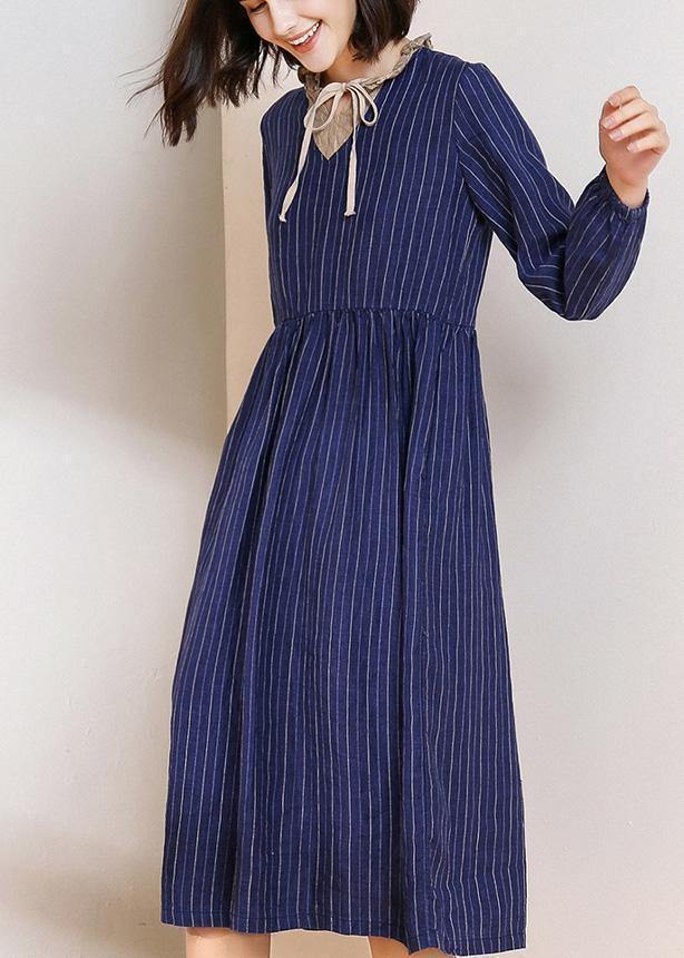 Women blue striped linen dresses v neck Dresses patchwork  Dresses - SooLinen