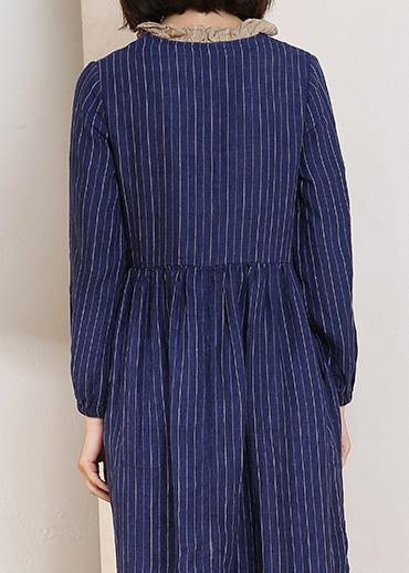 Women blue striped linen dresses v neck Dresses patchwork  Dresses - SooLinen