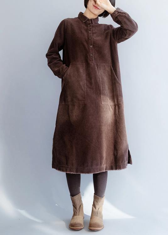 Women brown cotton Wardrobes side open Robe lapel collar Dresses - SooLinen