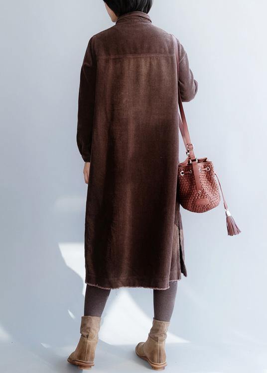 Women brown cotton Wardrobes side open Robe lapel collar Dresses - SooLinen