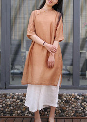 Women brown linen outfit stand collar side open Art Dress - SooLinen