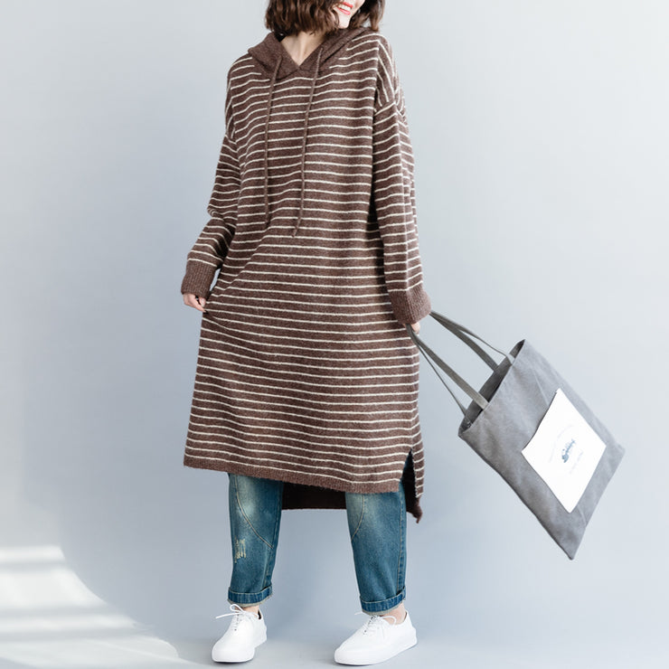 Women brown striped Sweater Aesthetic Quotes Funny hooded knitwear