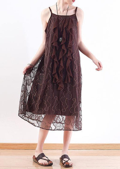 Women chocolate Lace tunic top stylish pattern sleeveless A Line summer Dresses - SooLinen