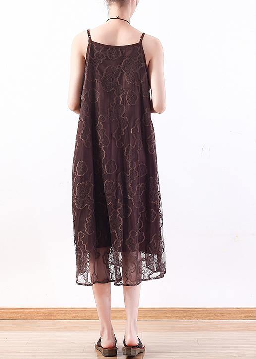 Women chocolate Lace tunic top stylish pattern sleeveless A Line summer Dresses - SooLinen