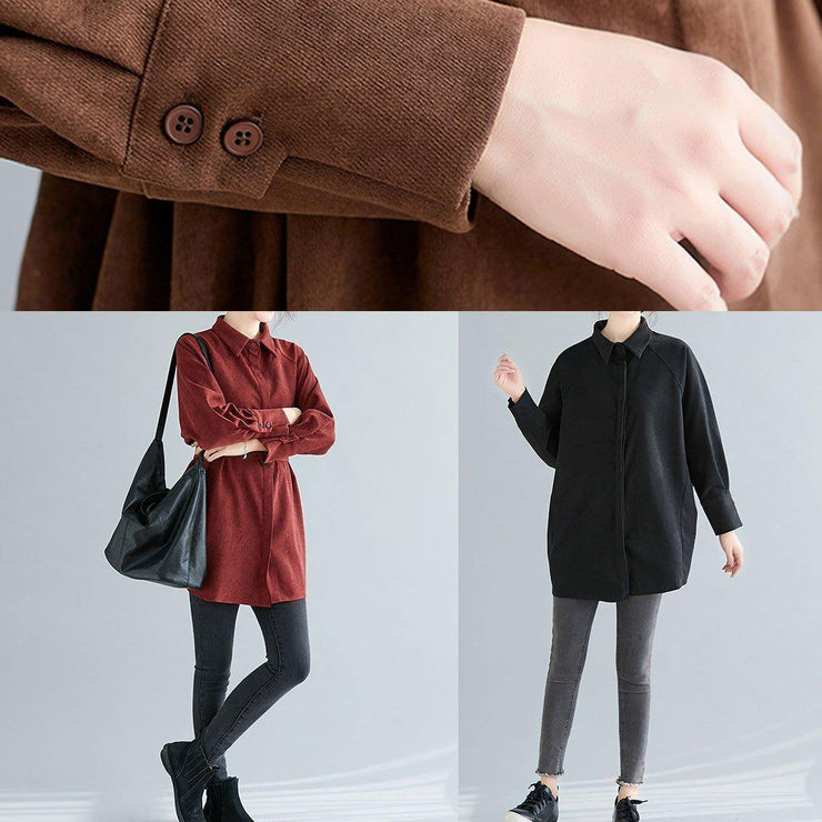 Women chocolate cotton tops women lapel Button oversized spring blouses - SooLinen