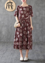 Women chocolate dotted linen cotton clothes o neck Cinched Robe Dress - SooLinen