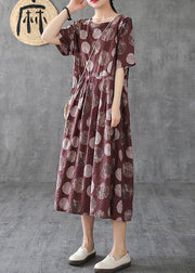 Women chocolate dotted linen cotton clothes o neck Cinched Robe Dress - SooLinen