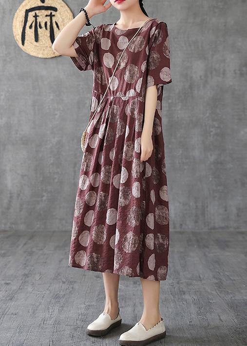 Women chocolate dotted linen cotton clothes o neck Cinched Robe Dress - SooLinen