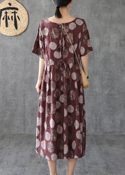 Women chocolate dotted linen cotton clothes o neck Cinched Robe Dress - SooLinen