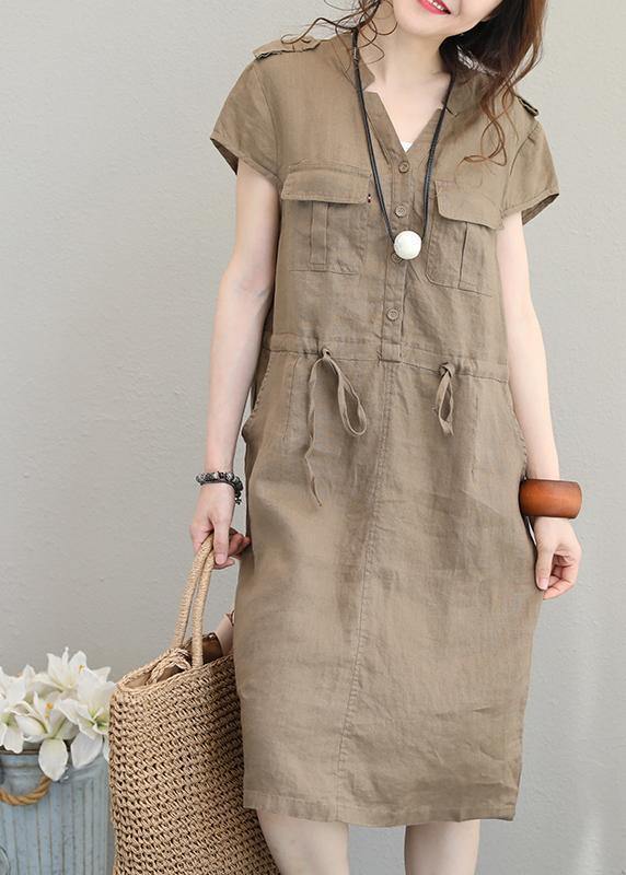 Women chocolate linen clothes v neck drawstring shift summer Dresses - SooLinen