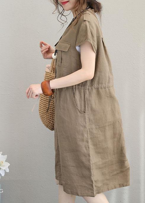 Women chocolate linen clothes v neck drawstring shift summer Dresses - SooLinen