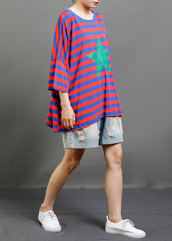 Women cotton clothes For Women Pakistani Red And Blue Stripes Casual Loose Blouse - SooLinen