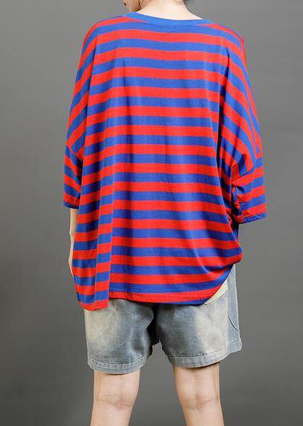 Women cotton clothes For Women Pakistani Red And Blue Stripes Casual Loose Blouse - SooLinen