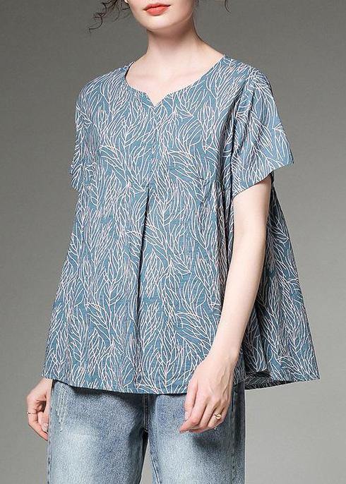 Women cotton linen tunic top Plus Size Split Neck blue Printed Pleated Short Sleeve T-Shirt - SooLinen