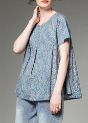 Women cotton linen tunic top Plus Size Split Neck blue Printed Pleated Short Sleeve T-Shirt - SooLinen