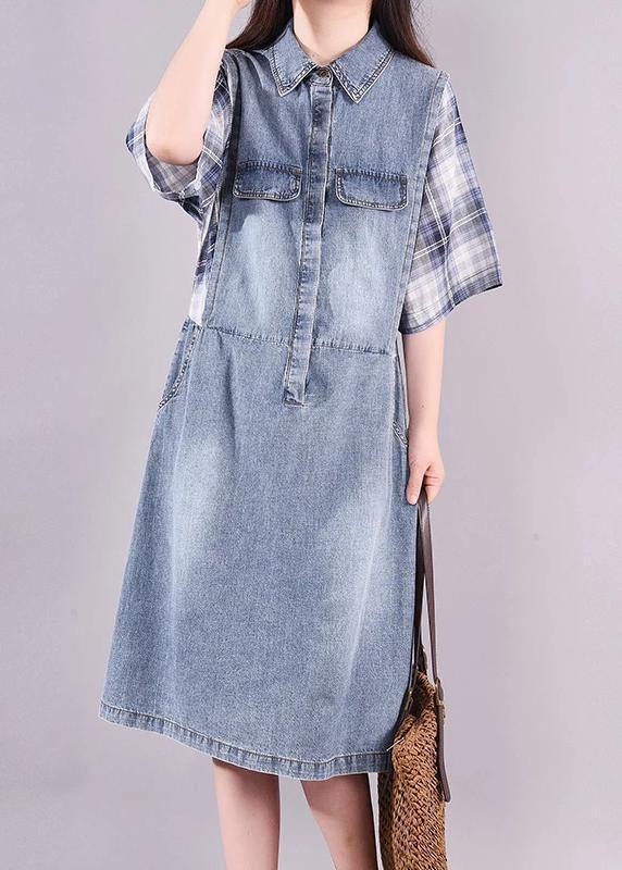 Women cotton quilting clothes Fine Plaid Spliced Denim Fake Two Piece Dress - SooLinen