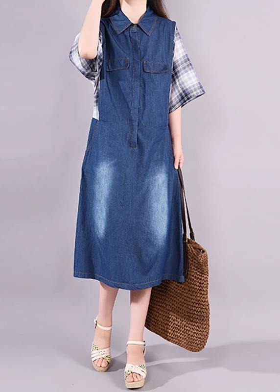 Women cotton quilting clothes Fine Plaid Spliced Denim Fake Two Piece Dress - SooLinen